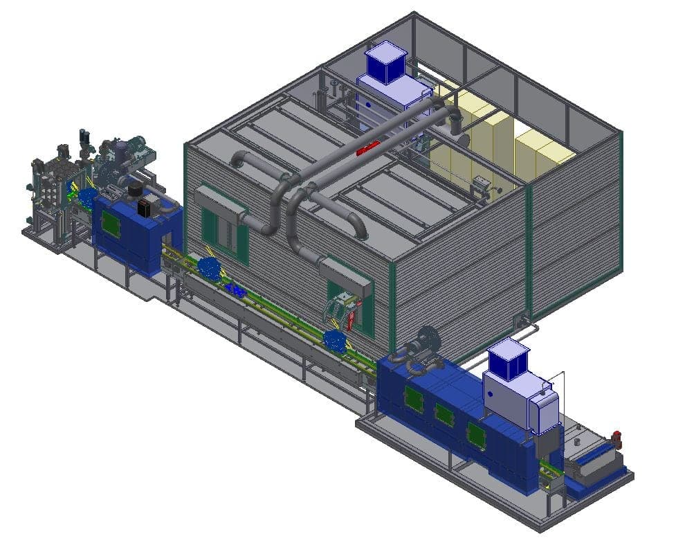 CAD-Gesamtdarstellung einer Wasserstrahl-Entgratanlage: rechts die eingehauste Bearbeitungszelle, links davor die Hochdruck- und Medientechnik auf eigenem Grundrahmen, dazwischen die durchlaufende Fördertechnik