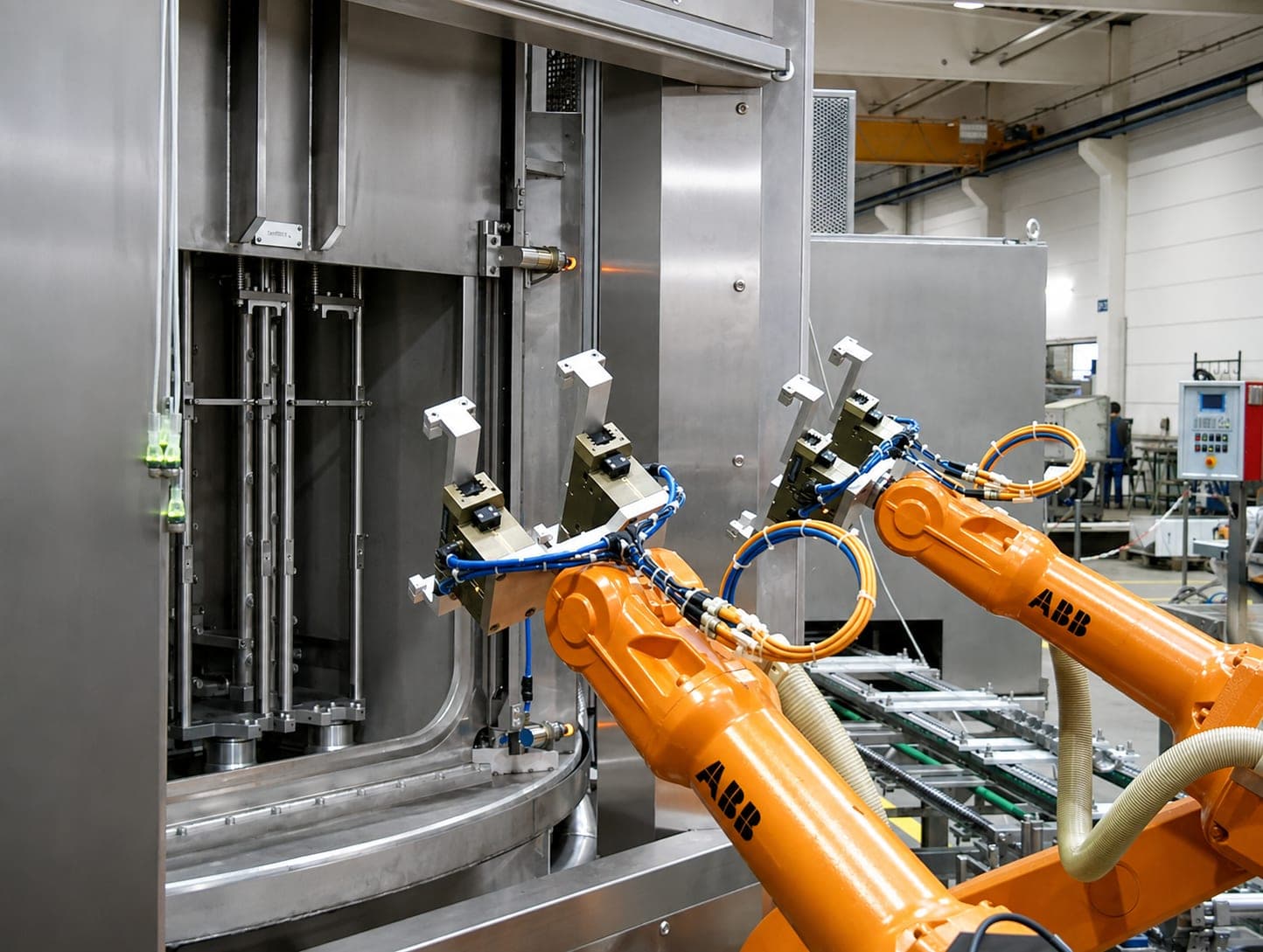 Zwei Knickarmroboter mit mehrfachen Greiferaufnahmen vor der geöffneten Tür einer Behandlungskammer; im Kammerinneren die Führungen des Hubtisches, rechts die Fördertechnik der Zelle