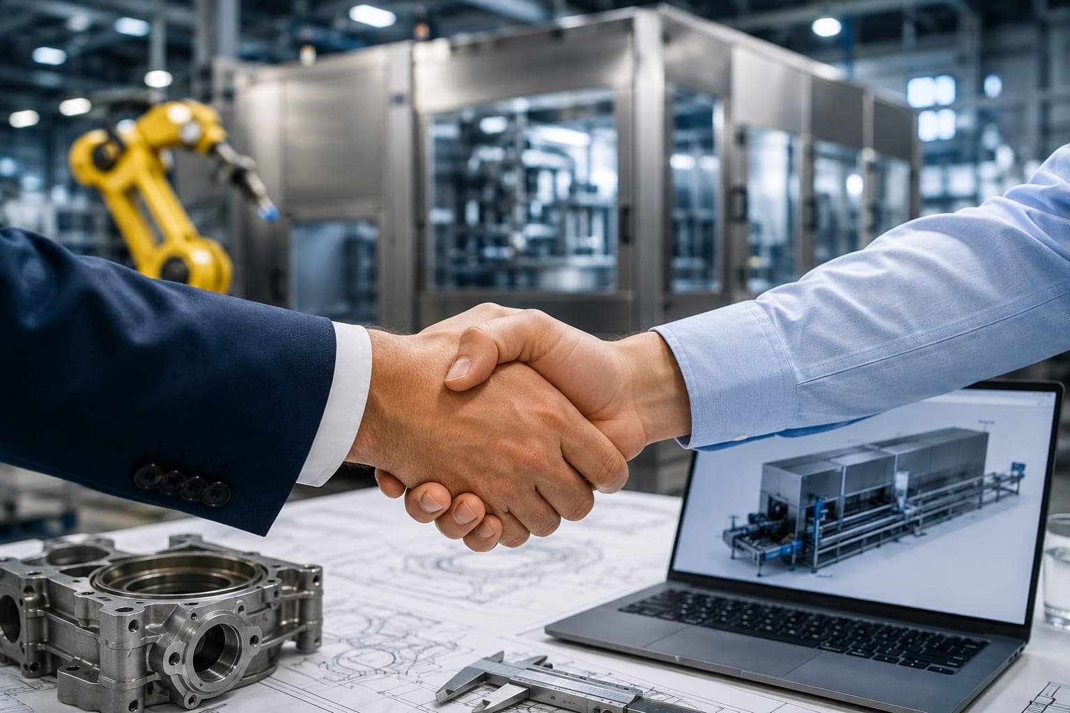 Handschlag über einem Tisch mit Konstruktionszeichnung, Messschieber und Aluminium-Gussteil, auf dem Bildschirm daneben eine Anlagendarstellung, im Hintergrund Roboter und eingehauste Anlage