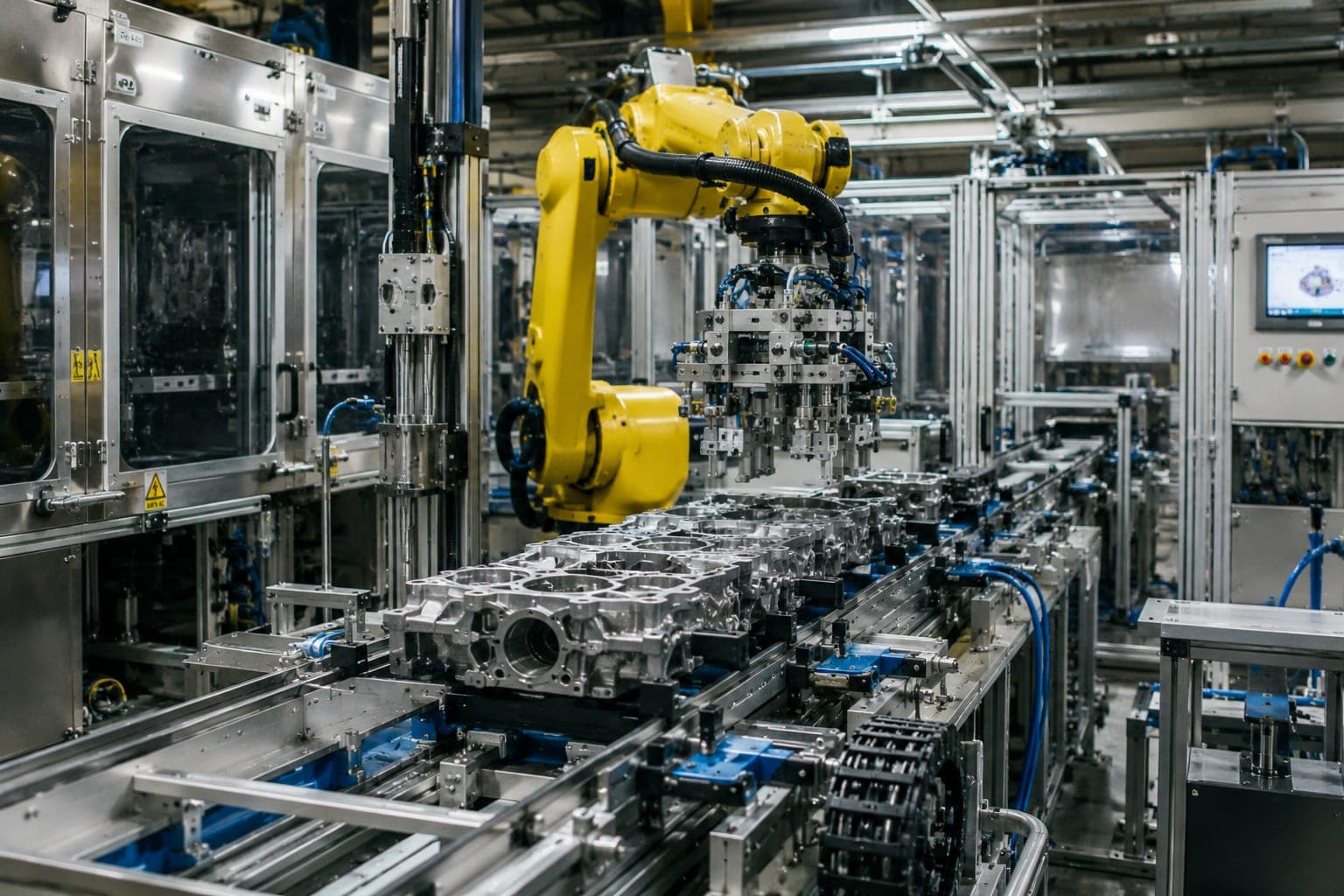 Automatisierte Fertigungslinie: ein Knickarmroboter über einem Transferband mit Motorblöcken, dahinter eingehauste Bearbeitungsstationen