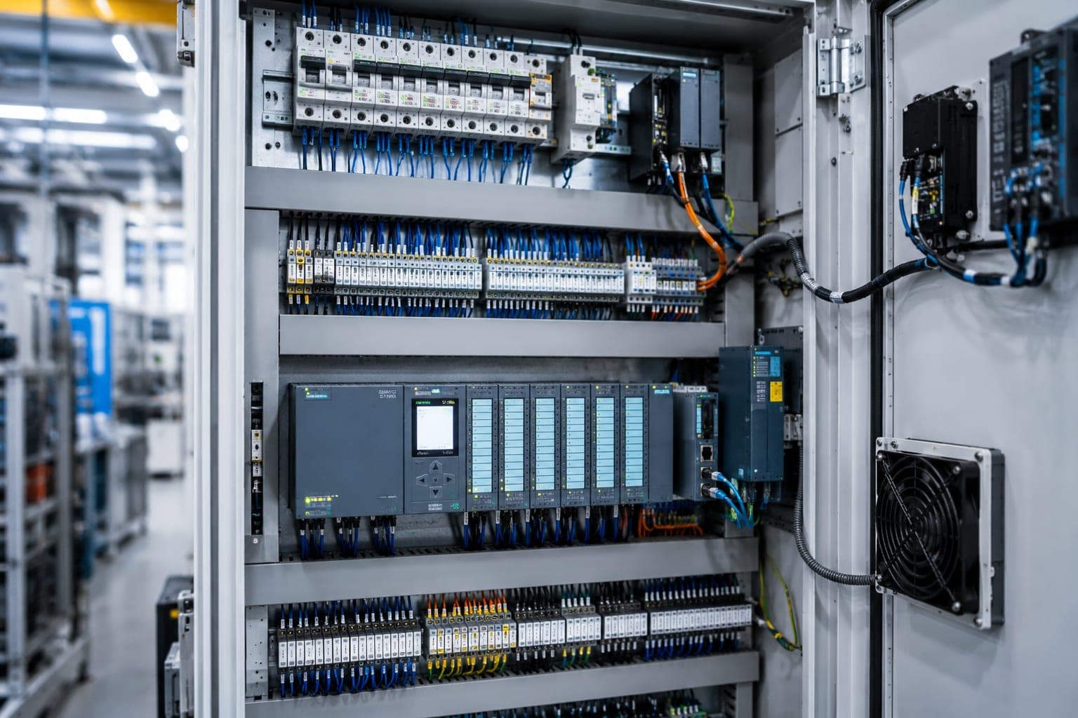 Geöffneter Schaltschrank mit Reihenklemmen, Sicherungsautomaten, Steuerungsbaugruppen und sortierter Verdrahtung