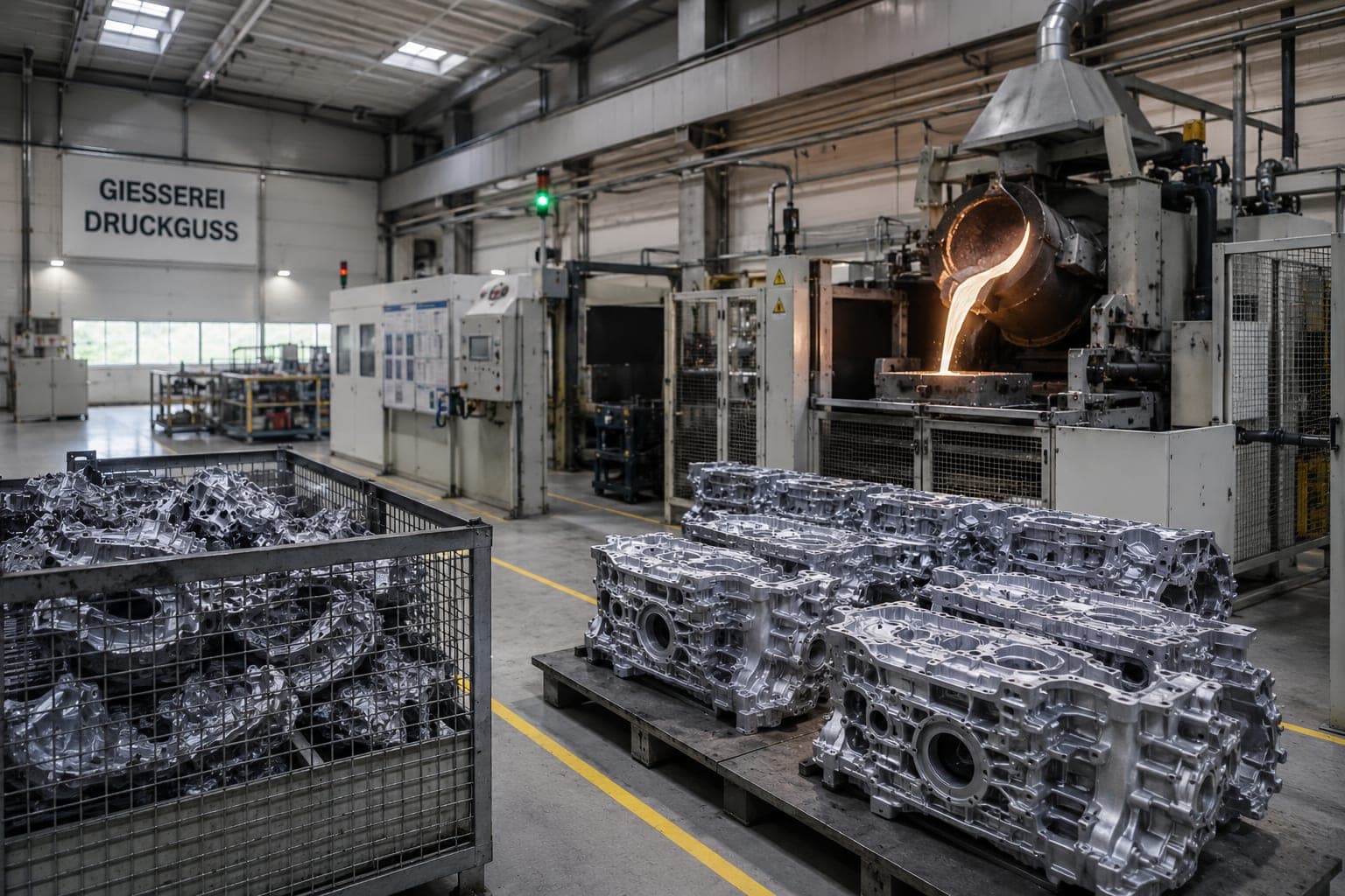 Gießereihalle: glühendes Metall läuft aus einer Pfanne, im Vordergrund gestapelte Aluminium-Gussteile und ein Gitterkorb mit Rohteilen