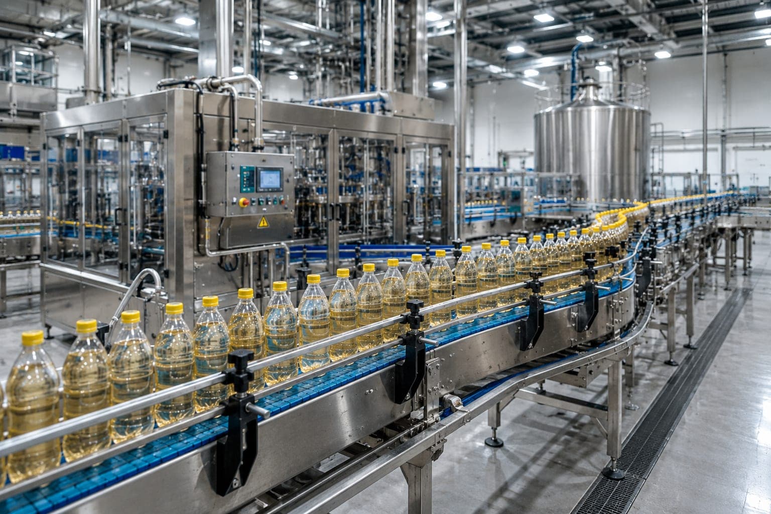 Abfülllinie in Edelstahlausführung: befüllte Flaschen laufen auf einem Transportband durch eine Behandlungsstation