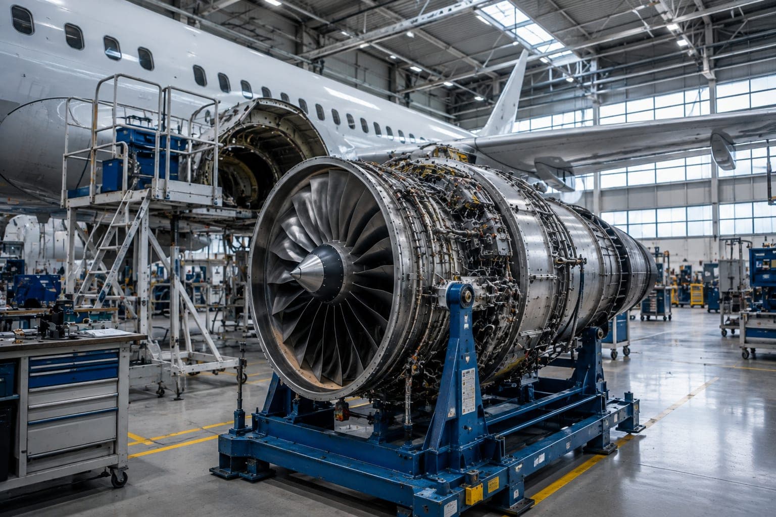 Flugtriebwerk mit freiliegender Fanstufe auf einem Montagegestell in einer Werfthalle, dahinter ein Flugzeugrumpf
