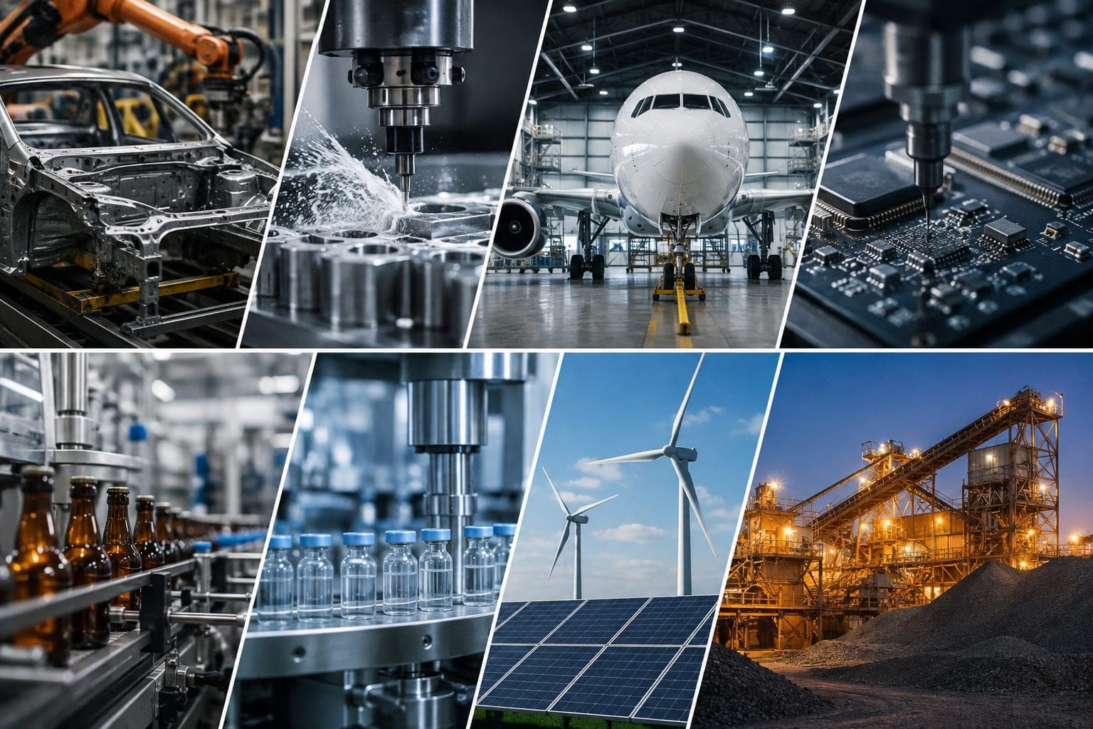 Bildreihe industrieller Fertigungsumgebungen: Karosseriebau, Zerspanung unter Kühlschmierstoff, Flugzeugwartung, Leiterplattenbestückung, Getränkeabfüllung, Pharmaabfüllung, Windkraft und Photovoltaik, Anlagen der Rohstoffaufbereitung