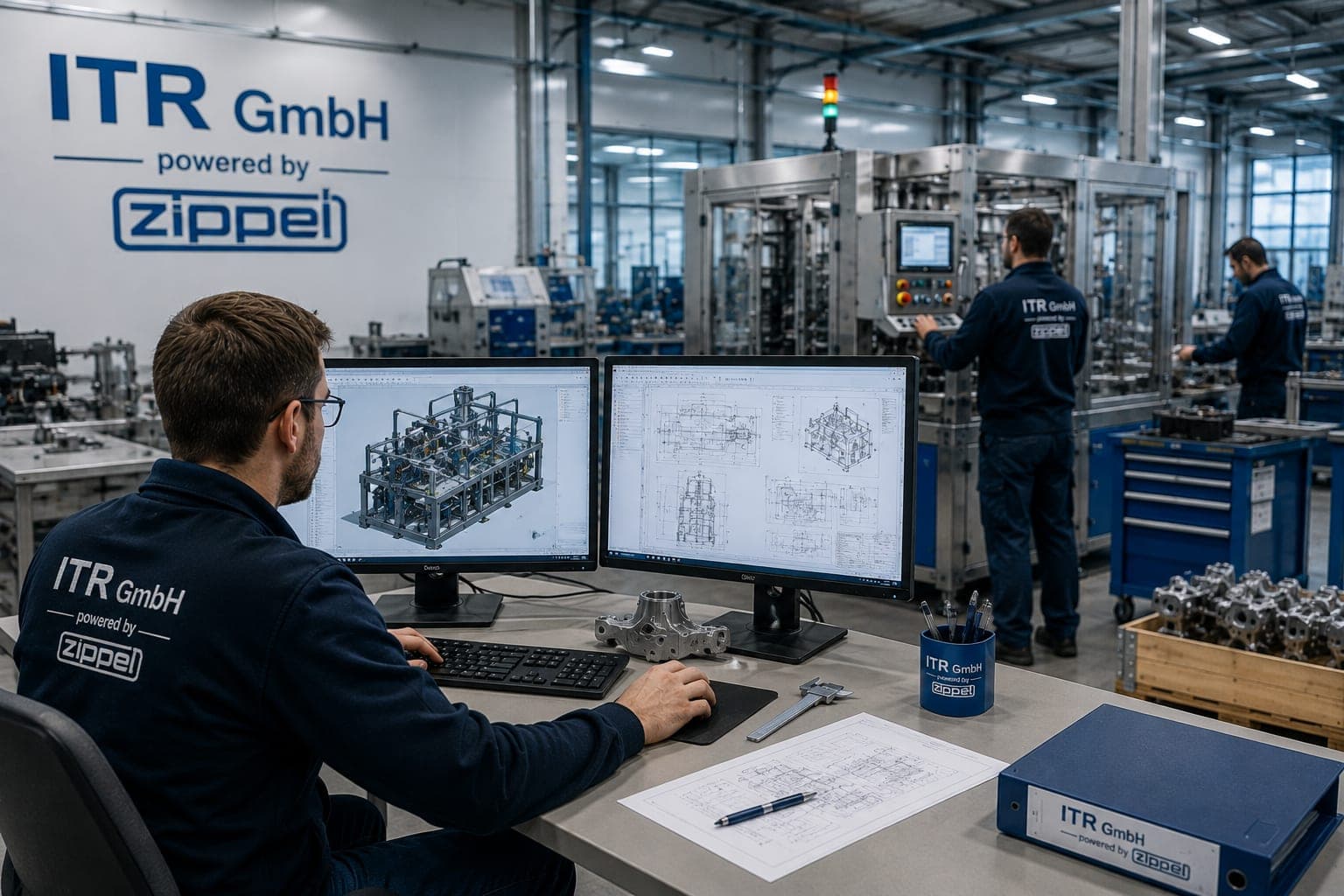 Blick über die Schulter einer Person an zwei Bildschirmen mit einer CAD-Baugruppe und einer technischen Zeichnung; im Hintergrund eine Fertigungshalle mit Anlagen im Aufbau, an der Wand und auf der Arbeitskleidung ein Firmenschriftzug