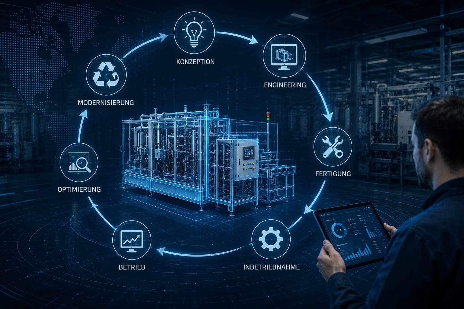 Sinnbild eines Anlagenlebenszyklus: Um die blau gezeichnete Ansicht einer Reinigungsanlage stehen sieben beschriftete Stationen im Kreis — Konzeption, Engineering, Fertigung, Inbetriebnahme, Betrieb, Optimierung, Modernisierung; rechts hält eine Person ein Tablet mit einer Auswertungsansicht