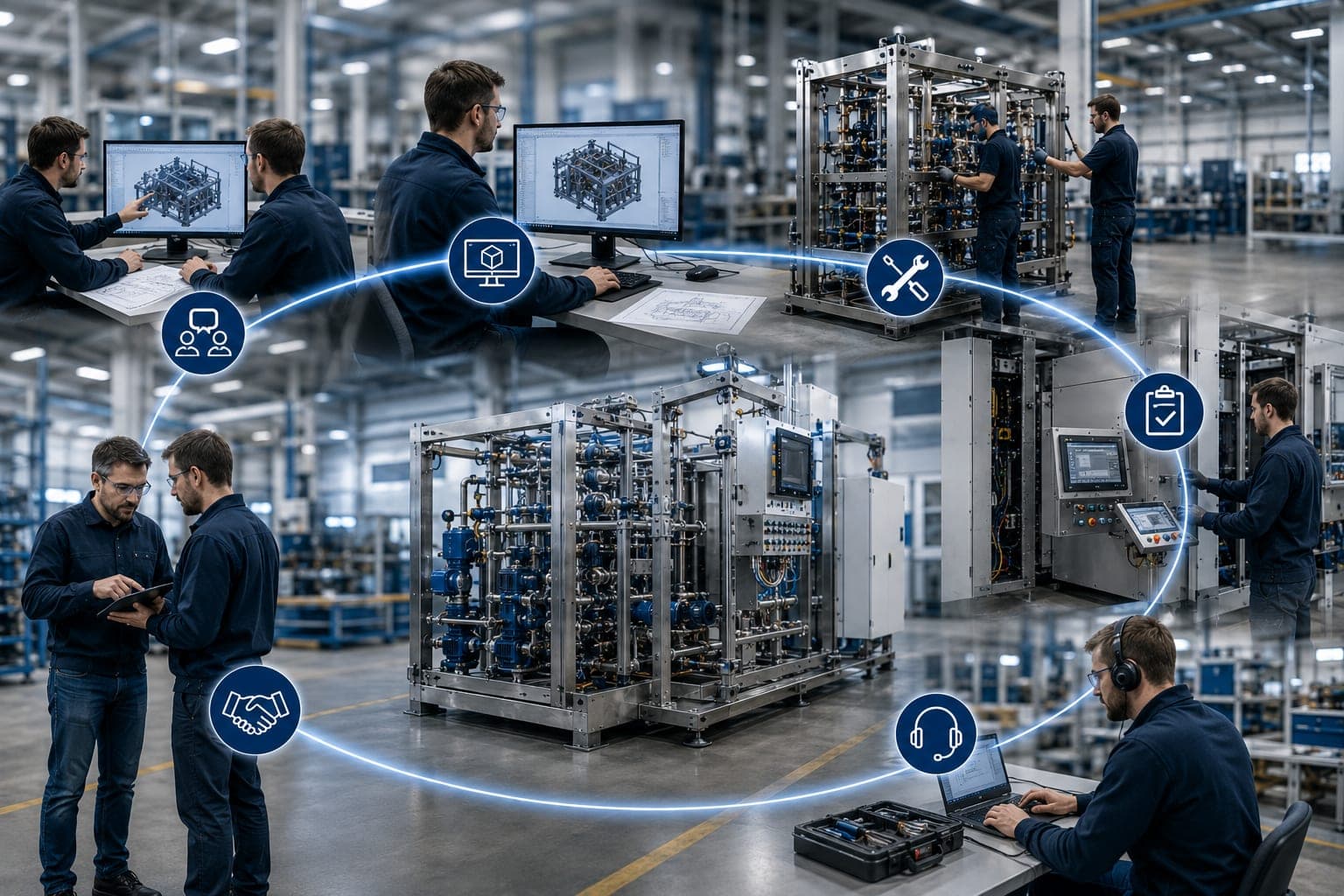 Zwei Personen besprechen an einer Anlage einen Ablauf, weitere arbeiten an Bildschirmen mit Konstruktionsdaten; darüber liegen symbolische Ablaufmarken