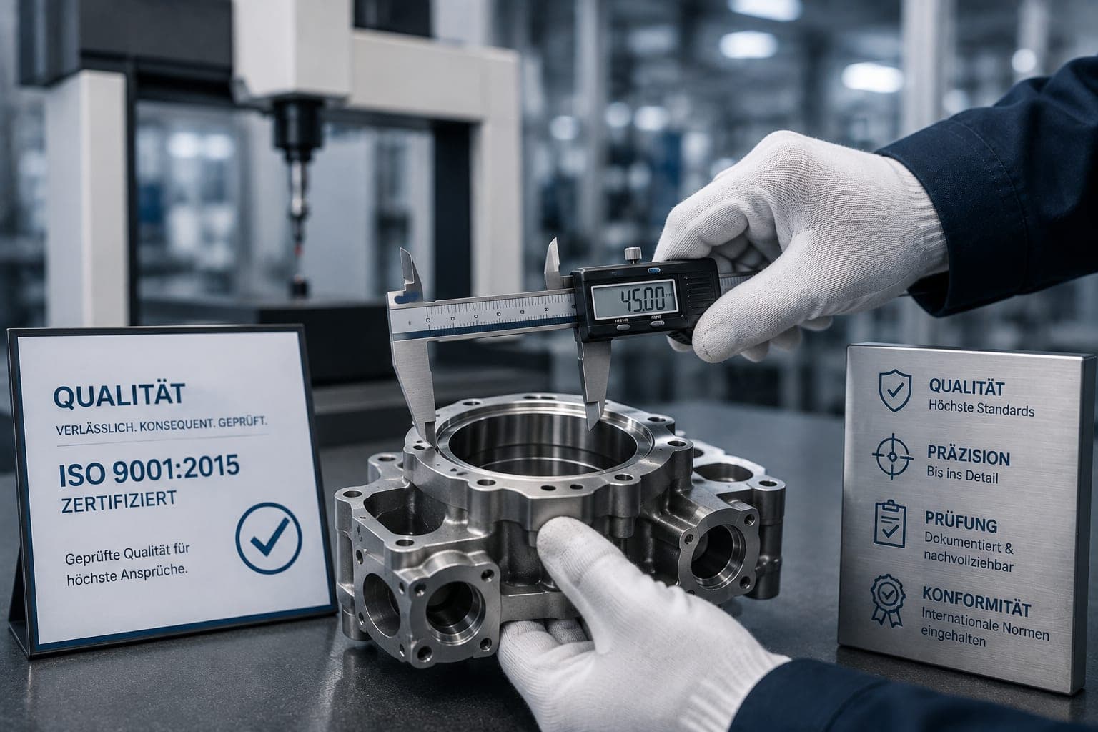 Behandschuhte Hände messen mit einem digitalen Messschieber an einem Aluminium-Gussgehäuse, im Hintergrund eine Koordinatenmessmaschine