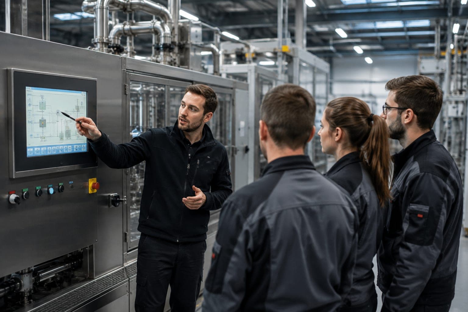 Eine Person erklärt vor einem Bedienpult einer Anlage ein Ablaufschema auf dem Bildschirm, drei weitere Personen in Arbeitskleidung hören zu; dahinter die Rohrleitungen und Gestelle der Halle