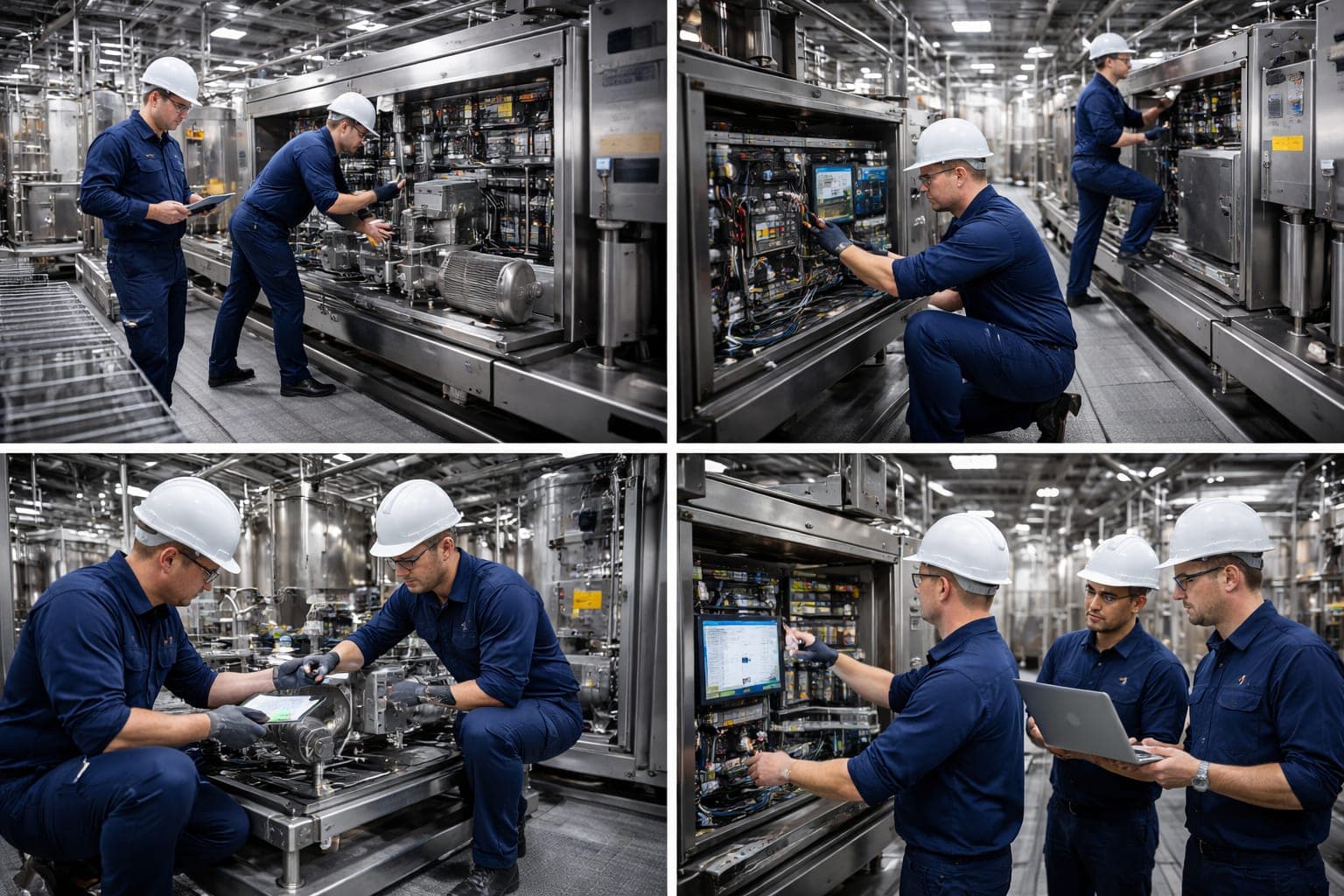 Bildreihe zur Instandhaltung: Techniker prüfen die geöffnete Medientechnik einer Anlage, messen im Schaltschrank, arbeiten an einer Pumpengruppe und werten Anlagendaten am Bildschirm aus