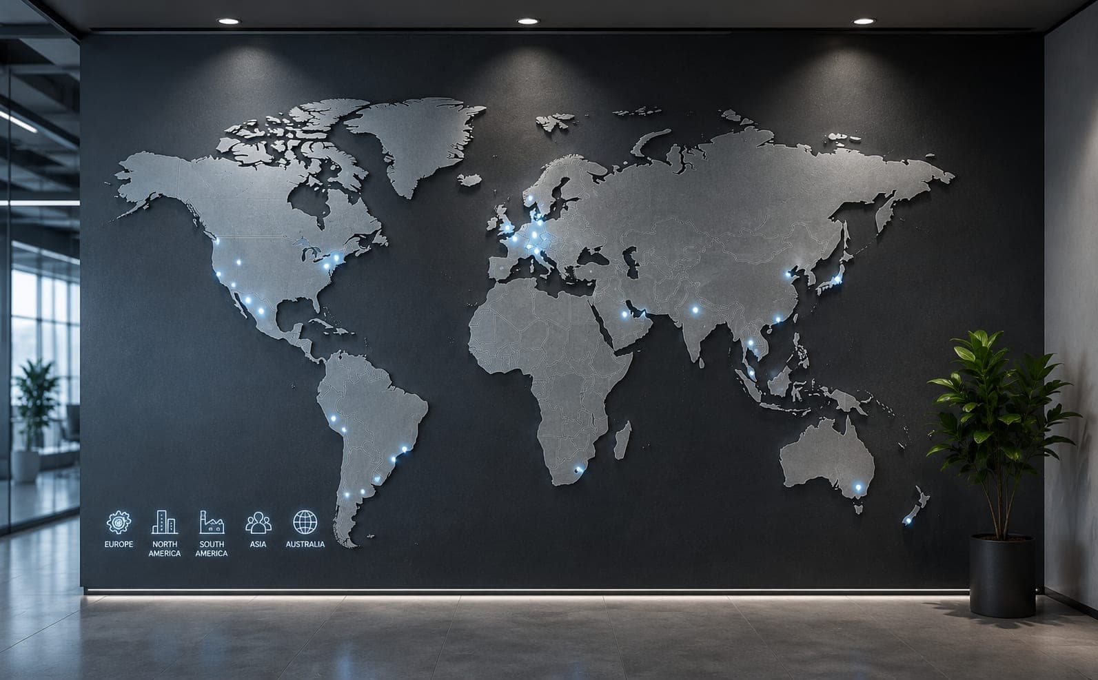 Sinnbild der weltweiten Servicereichweite: eine plastische Weltkarte an einer dunklen Wand, auf allen Kontinenten leuchten blaue Punkte; darunter Symbole für Europa, Nord- und Südamerika, Asien und Australien
