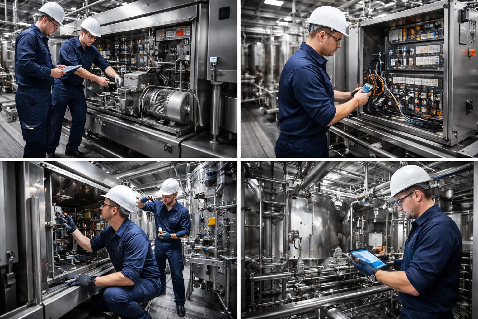 Bildreihe zur Wartung: Arbeiten an geöffneter Anlagentechnik, Messung an der Schaltschrankverdrahtung, Instandsetzung einer Pumpe und Abstimmung am Bedienpanel