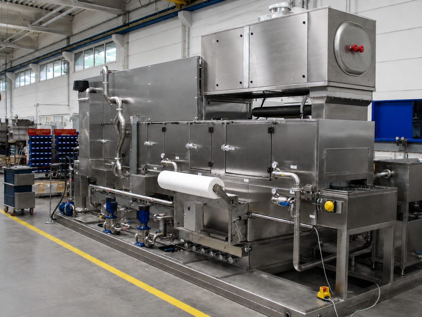 Mehrkammerige Durchlaufreinigungsanlage in einer Fertigungshalle: hintereinanderliegende Behandlungskammern aus Edelstahl mit Wartungsklappen, davor Pumpen und Rohrleitungen auf einem Grundrahmen, seitlich ein Bandfilter