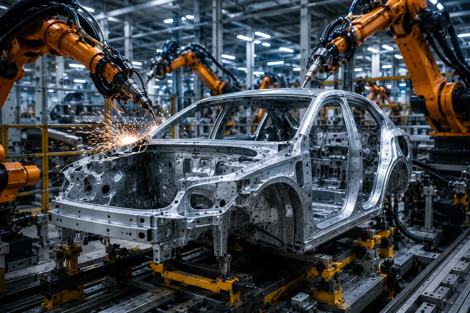 Karosserierohbau in einer Fertigungslinie: mehrere Roboterarme arbeiten gleichzeitig an einer aufgespannten Fahrzeugstruktur
