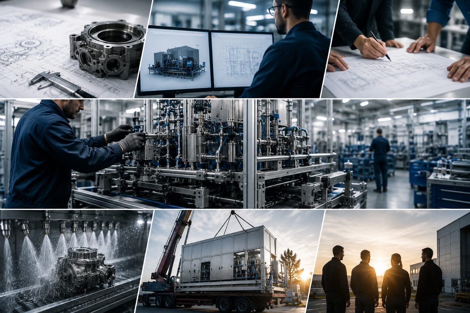 Bildreihe aus dem Arbeitsalltag: Konstruktionszeichnung mit Messschieber, Arbeit am Bildschirm, Besprechung über einer Zeichnung, Montage an einer Anlage, Verladung eines Anlagenmoduls